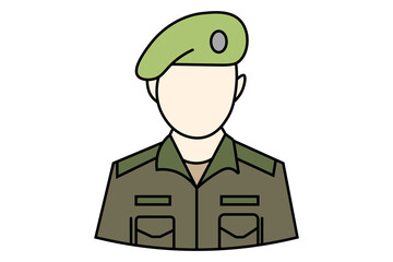 Obraz premium A 2D vector cartoon illustration depicting a faceless male avatar or bust in a military or army uniform, set against a plain white background.