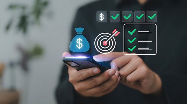 Person using smartphone for financial planning, setting business goals, and tracking investment checklist online