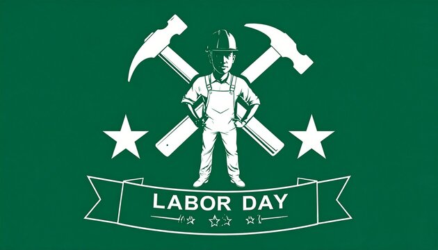 Worker with crossed hammers and colorful banner.