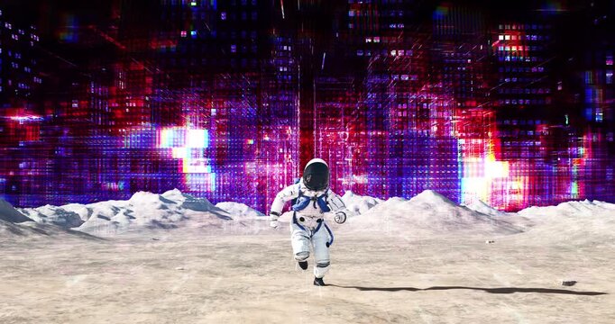Astronaut running on alien planet surface with purple holographic skyscraper skyline. Abstract Digital Space City Concept.