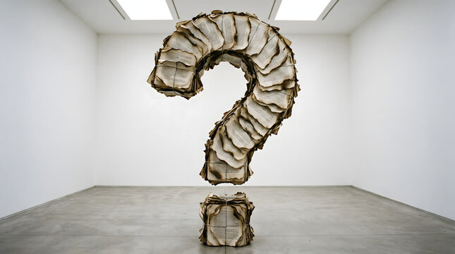 Large question mark sculpture made of burnt book pages in a white minimalist art gallery setting