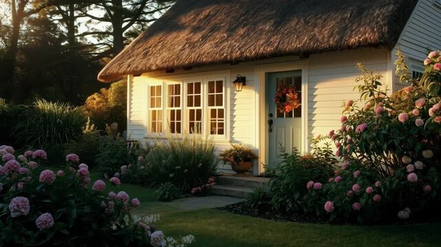 Cozy cottage with thatched roof hydrangea garden sunrise light front door golden hour charm