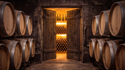 Obraz premium Wooden wine barrels stacked in dark stone cellar. Open heavy doors revealing illuminated storage room with bottles for aging and fermentation.