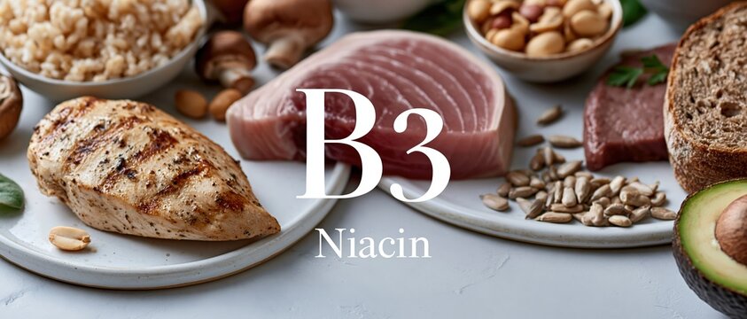 Boost wellness content with this clean, editorial flat lay of niacin rich foods grilled chicken, tuna, red meat, nuts, seeds, avocado, and whole grain bread. Perfect for health, diet, and.