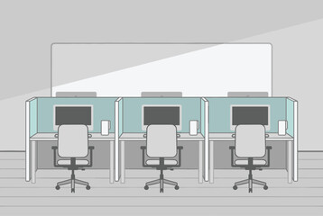Fototapeta premium Minimalist flat vector design of a modern office space featuring three cubicle workspaces with computers and chairs.
