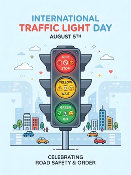 International Traffic Light Day poster, flat vector illustration of traffic signal with icons on city street background, road safety concept
