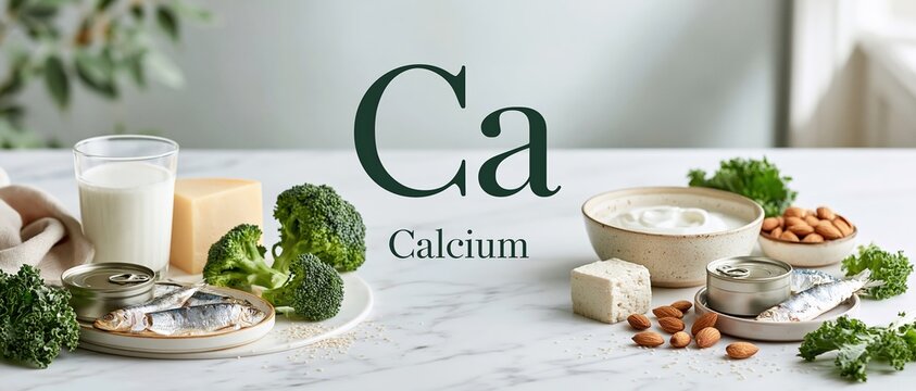Holistic nutrition concept for health blogs and wellness brands. Milk, cheese, broccoli, sardines, tofu, yogurt, almonds, and kale arranged on marble with elegant Ca symbol overlay.