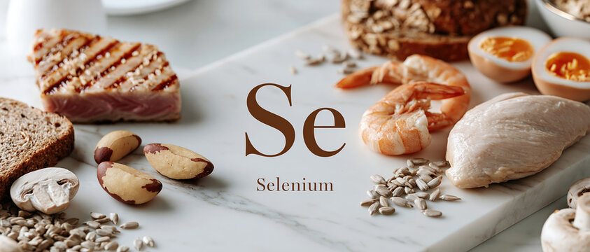 Holistic nutrition concept for health editors and wellness designers. Selenium sources shrimp, chicken, brazil nuts, eggs, bread, seeds, mushrooms styled on marble with bold Se symbol.