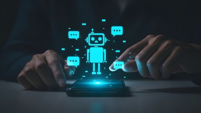Holographic chat bot icon hovering over smartphone screen with user hands.