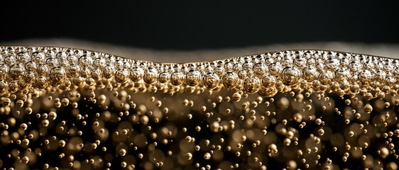 Obraz premium Opulent celebration concept extreme macro of champagne bubbles rising to a shimmering golden surface against a dark backdrop. Perfect for premium beverage, event, or luxury lifestyle.