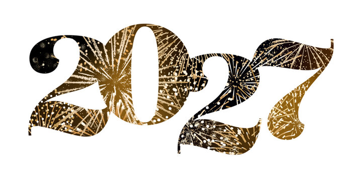 2027 New Year logo, gold fireworks number, isolated vector