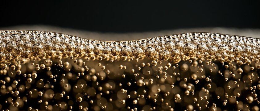 Opulent celebration concept extreme macro of champagne bubbles rising to a shimmering golden surface against a dark backdrop. Perfect for premium beverage, event, or luxury lifestyle.