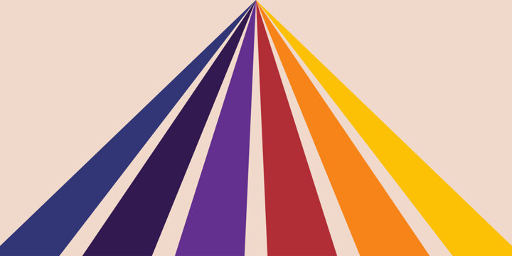 Vektor latar belakang abstrak penuh warna bergaya tahun 70-an. Wallpaper retro klasik yang menampilkan motif garis-garis pelangi dan garis bergelombang. Ilustrasi penuh warna khas tahun 1970-an ini co