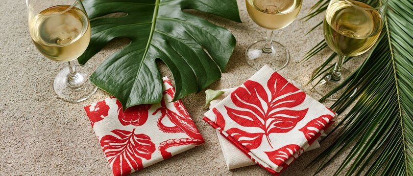 Sundrenched holiday entertaining concept tropical leaf print napkins, chilled white wine, and monstera fronds on sandy beach surface. Perfect for summer Christmas or coastal holiday.