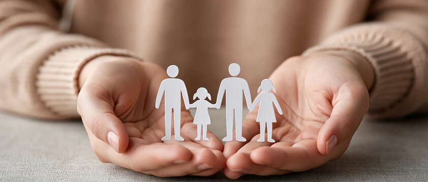 Warm concept of family protection gentle hands cradling a white paper cutout of parents and two children. Ideal for insurance, social services, charity, or family law campaigns.