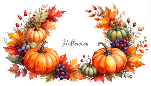 Festive autumn harvest with pumpkins and gourds. Seasonal fall decor scene with colorful foliage and natural elements.