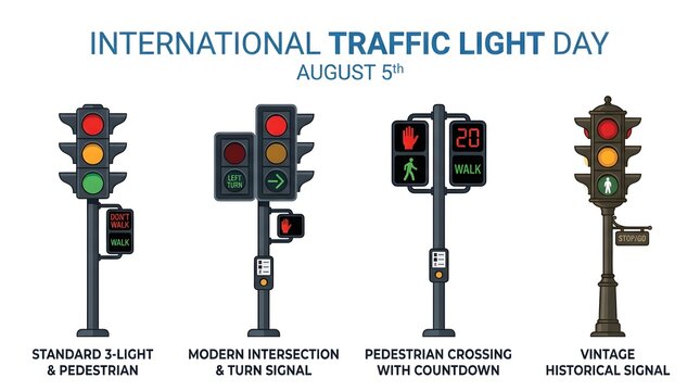 International Traffic Light Day poster, flat vector illustration of historical, standard, modern intersection and pedestrian countdown traffic signals