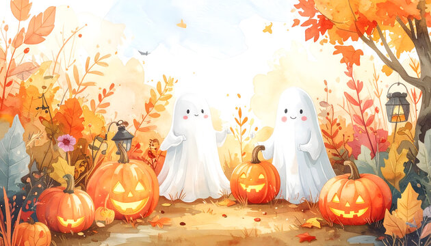 Whimsical Halloween scene with ghost figures and pumpkins. Festive autumn decoration with playful spirits and vibrant fall colors.