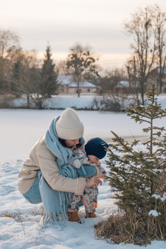Mother and Baby in Winter Wonderland copy space