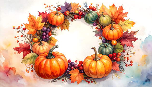 Autumn Halloween wreath with pumpkins and fall foliage. Seasonal fall decoration for festive home decor.