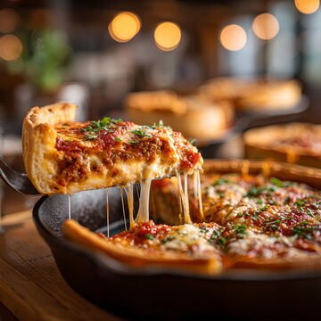 A mouthwatering deep-dish pizza, hot and cheesy, with a slice being lifted from the pan, revealing gooey cheese strings. The background shows more delicious pizzas in a cozy restaurant setting