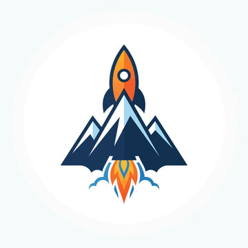 A stylized graphic illustration of a rocket launching over snowy mountain peaks