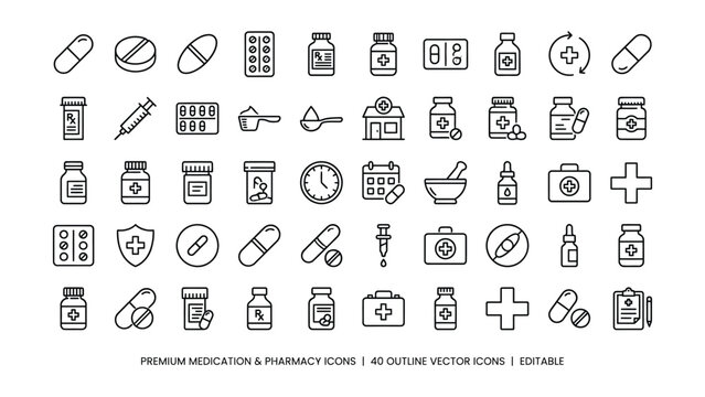 Highquality medication and pharmacy related outline icons illustrating healthcare and drug concepts for medical design projects