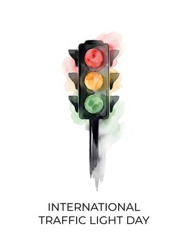 International Traffic Light Day poster, watercolor illustration of traffic signal with red, yellow and green lights