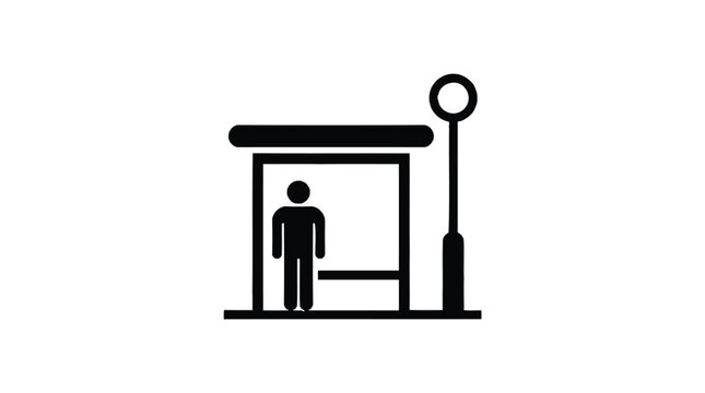 Bus stop shelter icon with a waiting passenger and street lamp in black silhouette