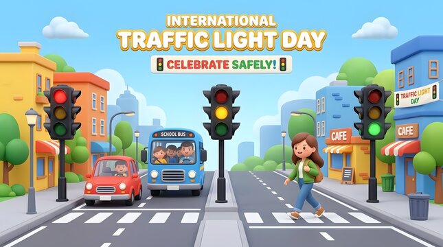 International Traffic Light Day 3D banner, cartoon illustration of city street with traffic lights, cars, school bus and pedestrian crossing