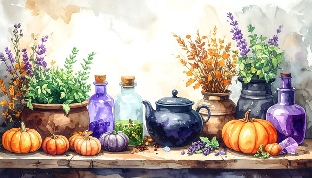 Colorful autumnal display with pumpkins and flowers. Rustic harvest scene with vibrant seasonal decor.