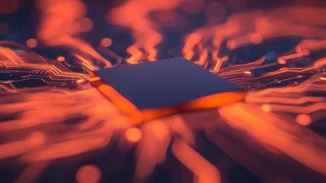 Glowing microchip circuit motherboard with glowing neon orange traces bokeh semiconductor processor