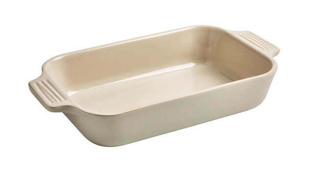 Rectangular ceramic baking dish with handles, isolated on transparent background