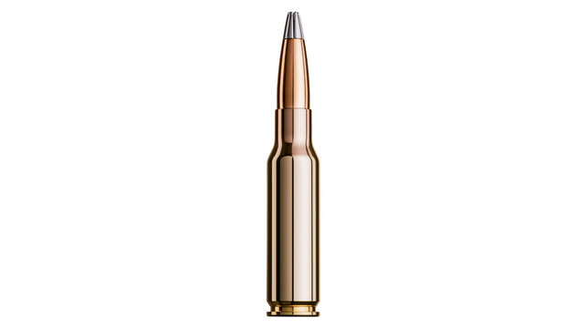 Shiny brass bullet casing with silver tip, isolated on transparent background