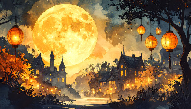 Enchanting night scene with glowing fireflies and lanterns. Mystical landscape featuring illuminated trees and a bright full moon, capturing magica...