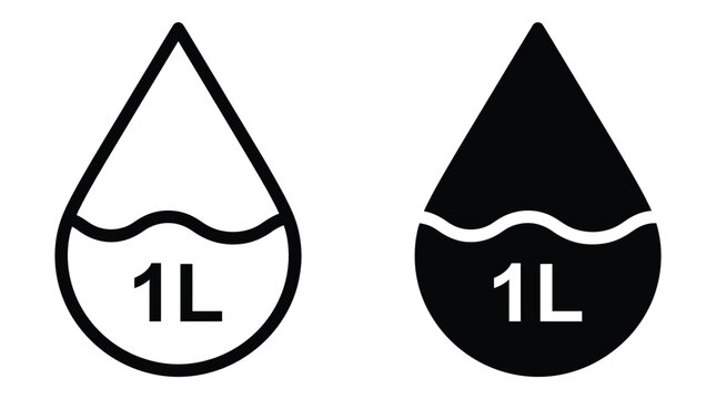 Minimalist 1L liquid volume indicator vector icon set, black and white water drop symbols with wavy fill line, isolated on white background, for packaging or product design