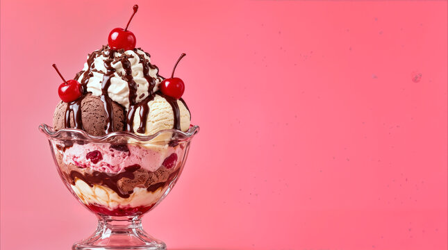 Ice cream sundae with chocolate syrup and cherries in glass bowl. Sweet dessert with whipped cream on pink background.