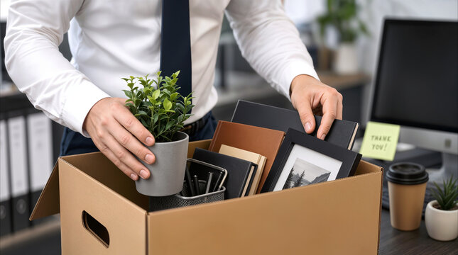 Employee packing personal belongings into cardboard box at office desk. Job termination or resignation from corporate position.