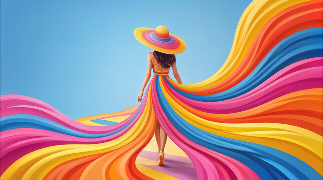 Back view of young woman wearing rainbow dress and wide-brimmed hat walking toward horizon. Surreal digital art featuring flowing colorful fabric trails extending across sky and ground.