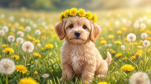 Small fluffy puppy wearing dandelion crown sitting in spring meadow. Adorable pet portrait in field of yellow flowers and white seed heads.