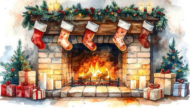 Festive Christmas fireplace with stockings and gifts. Cozy holiday scene with warm glow and decorations.