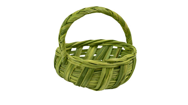 Woven green palm leaf basket with handle, isolated on transparent background