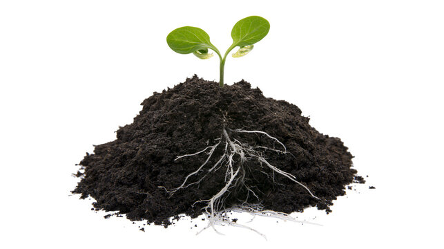 Young green seedling with visible roots growing from dark soil, isolated on transparent background