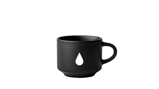 Matte black ceramic mug with white water drop logo, isolated on transparent background