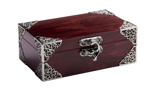Ornate dark red wooden jewelry box with silver metal corner protectors, isolated on transparent background
