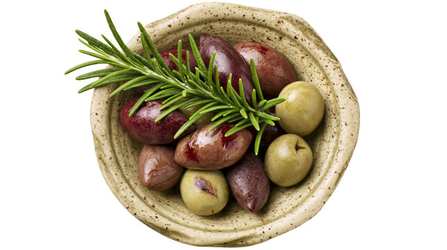 Assortment of green and purple olives with rosemary sprig in a rustic bowl, isolated on transparent background