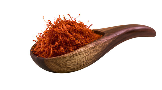 Dried saffron threads piled in a wooden spoon, isolated on transparent background