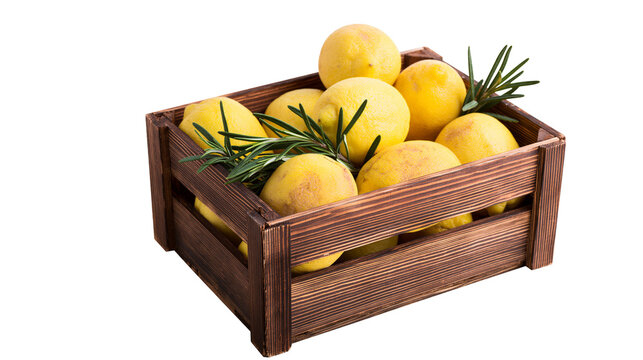 Fresh yellow lemons with rosemary sprigs in a rustic wooden crate, isolated on transparent background