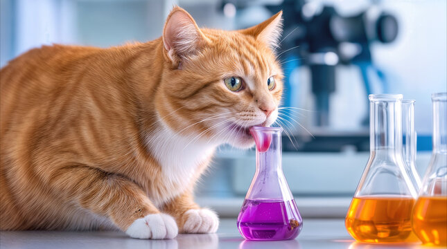 Ginger cat licking laboratory flask with purple liquid. Feline curiosity in scientific research setting with microscope in background.