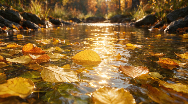 Autumn leaves floating on forest stream at sunset. Golden sunlight reflecting on water surface during fall season in woodland area.